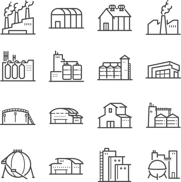fabrik und industrielle vektor-linie-icon-set. enthalten die symbole als fabrik, silo, lager, werkstatt und mehr - warehouse stock-grafiken, -clipart, -cartoons und -symbole