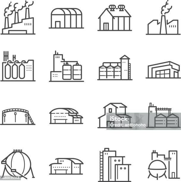 공장 및 산업 벡터 라인 아이콘 설정합니다 공장 격납고 창 고 워크샵 등으로 아이콘 포함 아이콘에 대한 스톡 벡터 아트 및 기타 이미지
