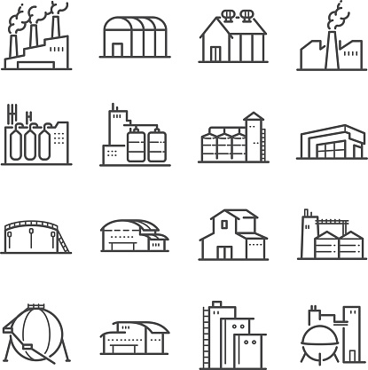 Factory and industrial vector line icon set. Included the icons as factory, silo, warehouse, workshop and more