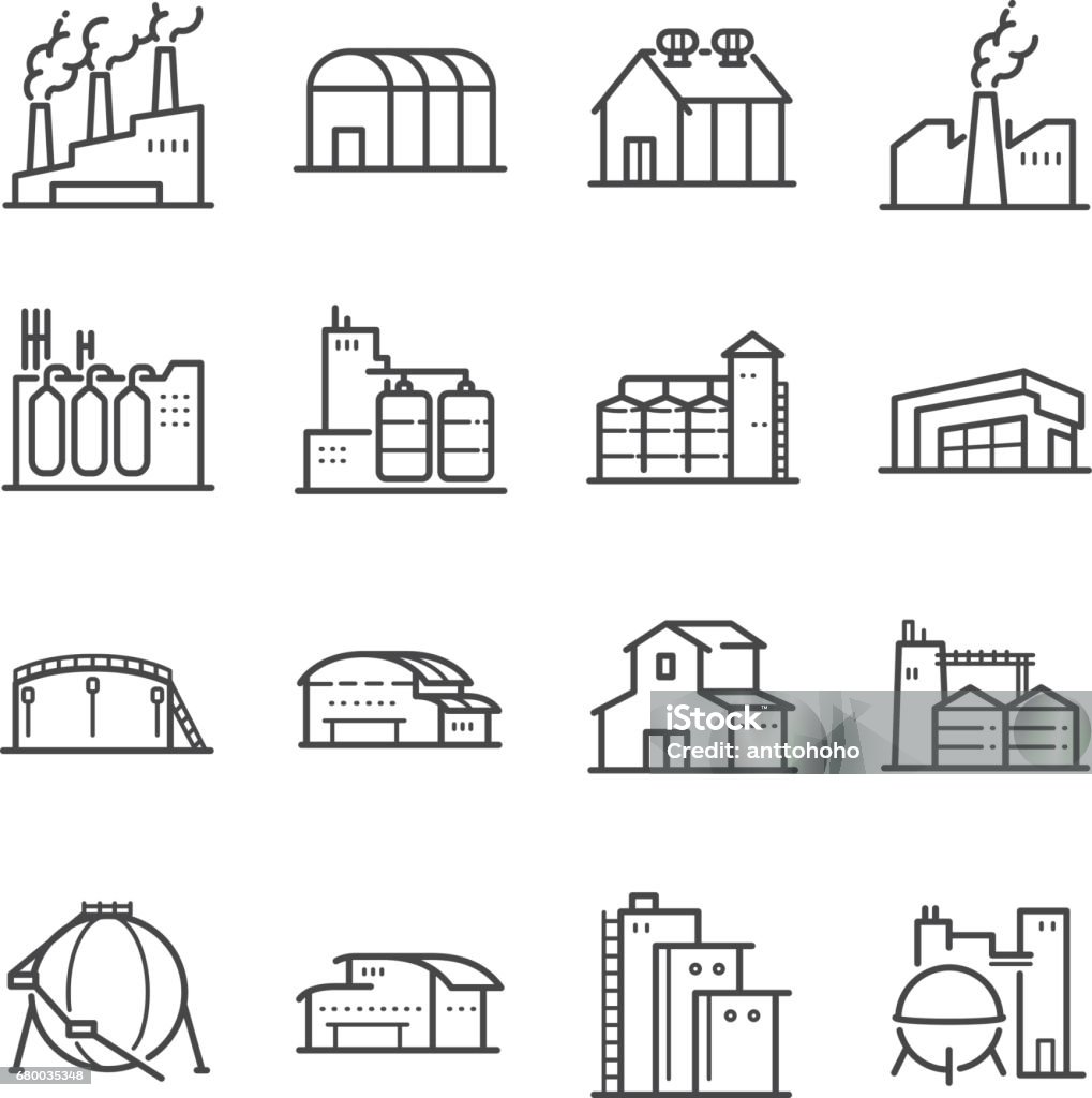 Factory and industrial vector line icon set. Included the icons as factory, silo, warehouse, workshop and more Icon Symbol stock vector