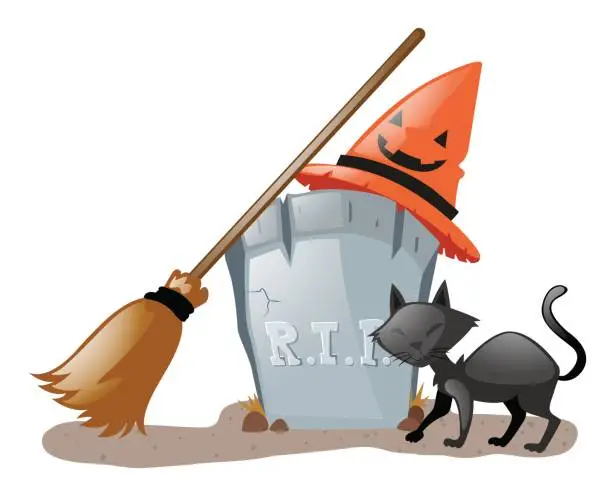 Vector illustration of Halloween theme with black cat at graveyard