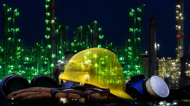 istock Double exposure of Standard construction safety and construction site background. 680045282
