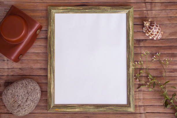 istock White page in vertical wooden frame photo background. Rustic wooden board backdrop with natural decor. 680057232