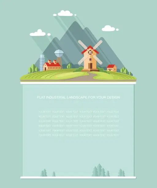 Vector illustration of Blank for text. Rural landscape. Agricultural industry, Agriculture windmill mountains in the background. Flat style vector Infographics for your design