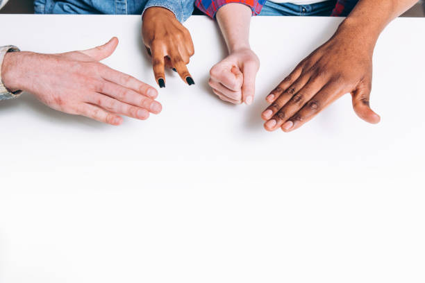 istock Game rock scissors paper, four hands play. Fun. 680057888