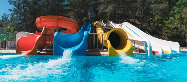 istock Colorful aquapark on sea resort 680059224