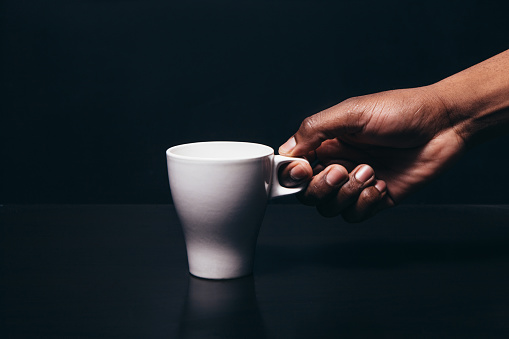 Black Man Hand Unrecognizable Cup White Tea Coffee Free Space Color Contrast Concept