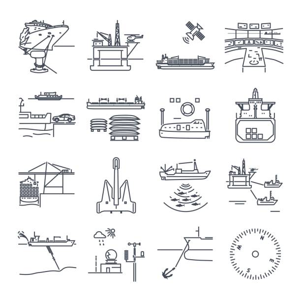 illustrazioni stock, clip art, cartoni animati e icone di tendenza di set di icone di linea sottile trasporto d'acqua e porto marittimo, piattaforma petrolifera, nave da carico a secco - passenger ship ferry crane harbor