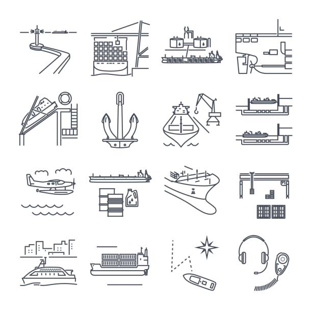 set of thin line icons water transport and sea port, merchant shipping vector art illustration