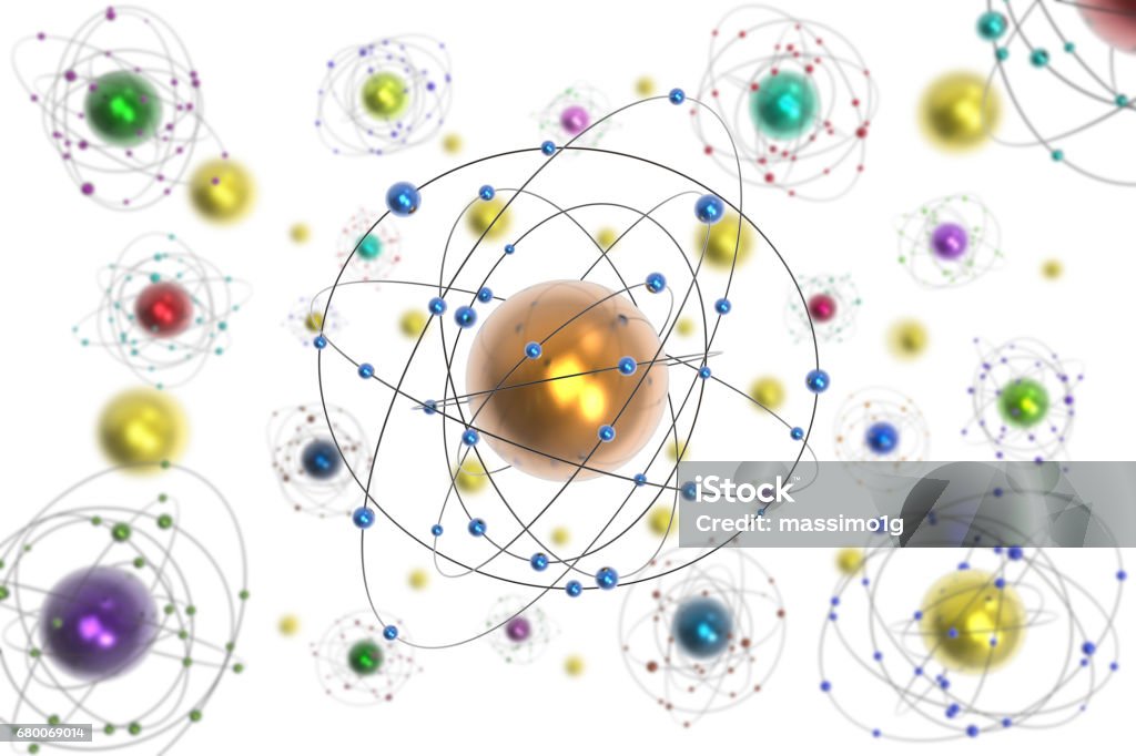 Space atoms planets white background Abstract image. Space, atoms, planets, molecules, electrons on a white background. Horizontal Stock Photo