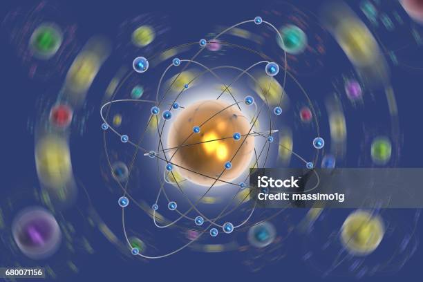 Space Atoms Planets Blue Background Stock Photo - Download Image Now - Horizontal, Internet, Italy