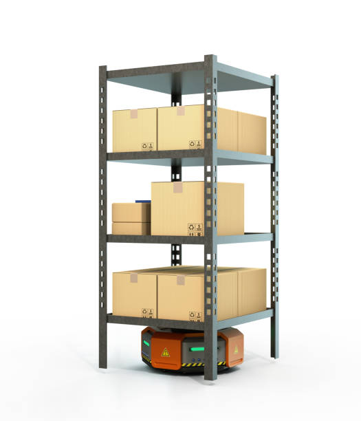 istock Orange robots carrying pallets with goods isolated on white background 680071464