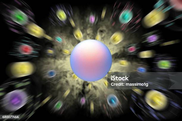 Space Atoms Planets Black Background Stock Photo - Download Image Now - Horizontal, Internet, Italy