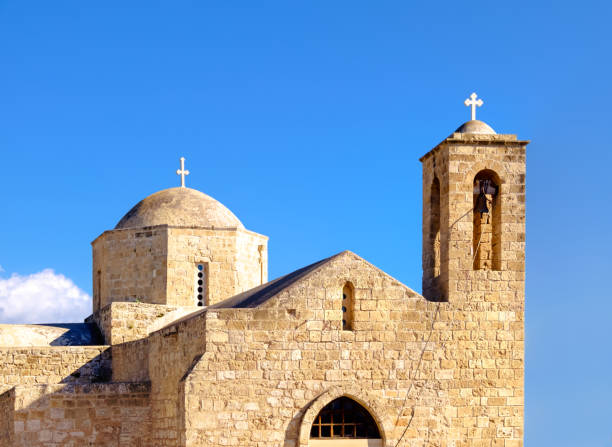 Panagia Chrysopolitissa Basilica in Paphos, Cyprus, on a bright day, panoramic image