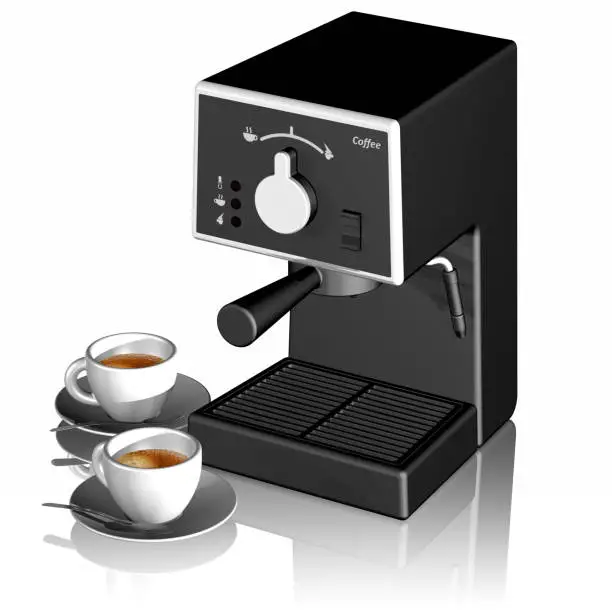 Coffee cups and coffee machine on a white background.