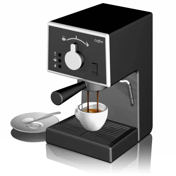 Coffee cups and coffee machine on a white background.