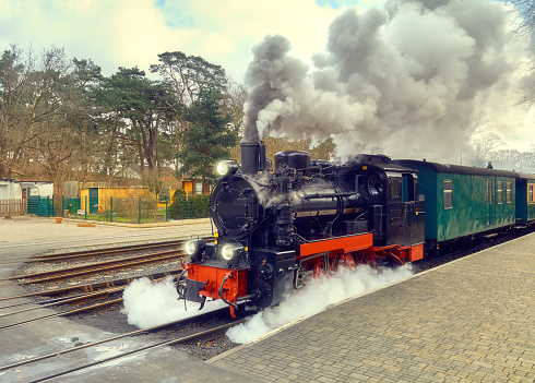 Historical steam train on end station in Gohren, island Rugen, Germany