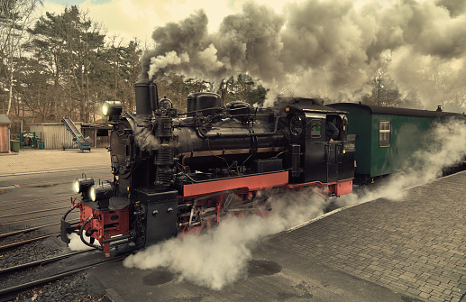 Historical steam train on end station in Gohren, island Rugen, Germany