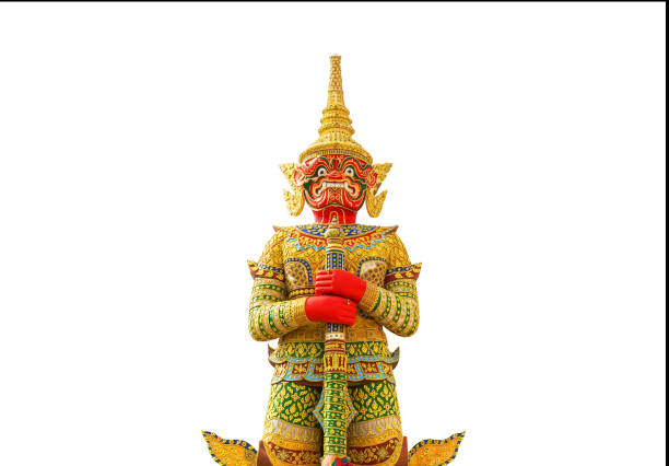 big golden thai giant  statue stand  protection in thai temple  isolated on a white background