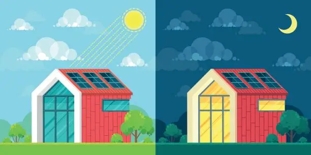 Vector illustration of Flat style design vector illustration of day and night landscape on ecology theme. Solar energy idea concept
