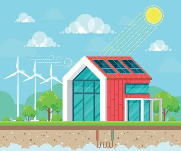 Vector illustration of Flat style design vector illustration of landscape on ecology theme. Solar, geothermal and wind energy idea concept