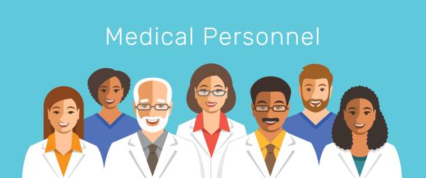 Doctors and nurses team smiling faces Doctors and nurses team cheerful portraits. Health care flat vector background. Professional hospital services concept. Medical staff smiling faces. Multicultural men therapists with female physicians pharmacist cartoon stock illustrations