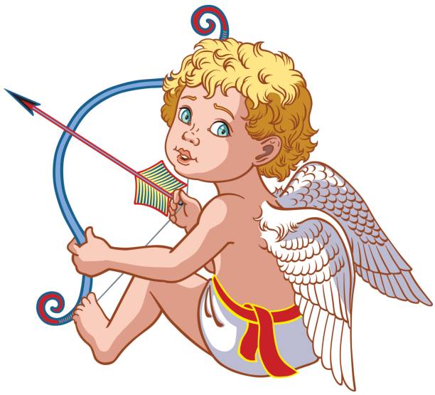 little angel cupid cartoon little angel cupid sitting and  holding a bow with arrow . Vector isolated on white winged cherub stock illustrations