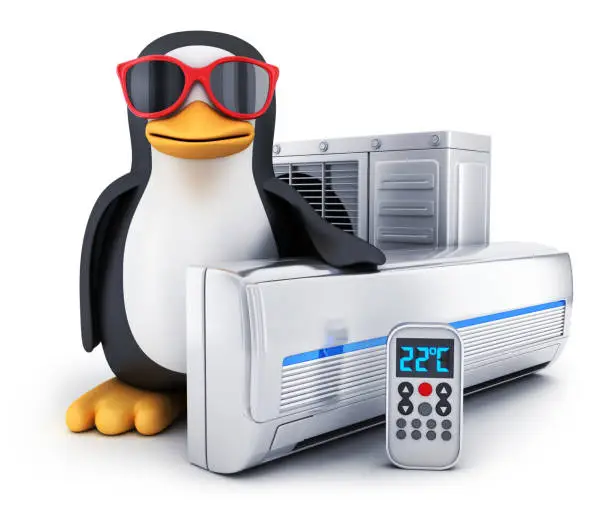 air-conditioner and Penguin on white background (done in 3d)