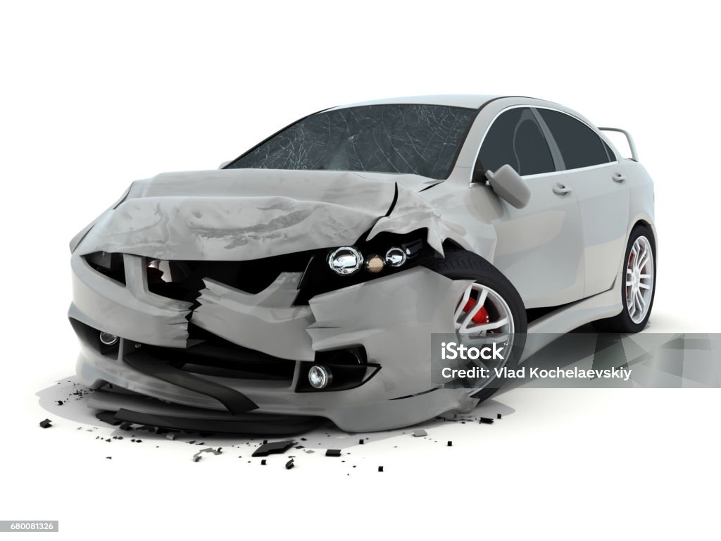 Car accident on white background Car accident on white background. 3d illustration Crash Stock Photo