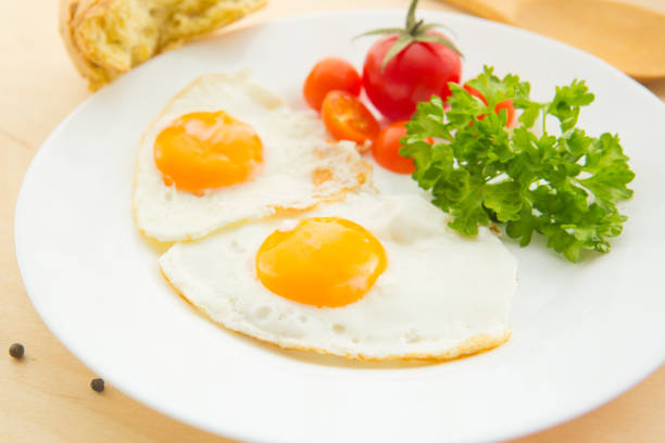 istock Fried Eggs on a plate on wooden background 680088966