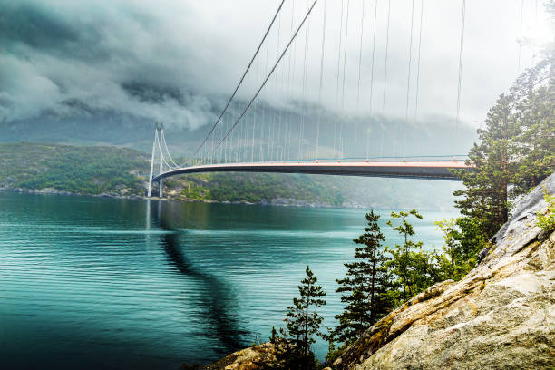 Hardanger bridge - suspension bridge across the Eidfjorden branch of Hardangerfjorden in Hordaland county, Norway. The bridge connects the municipalities of Ullensvang and Ulvik. Norway, Scandinavia.
