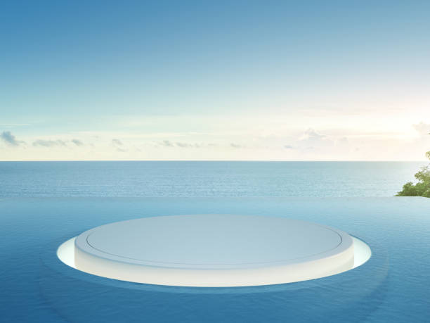 blanc étage vide pour l’affichage de produit avec fond de piscine luxe mer vue - water wave sea tranquil scene photos et images de collection