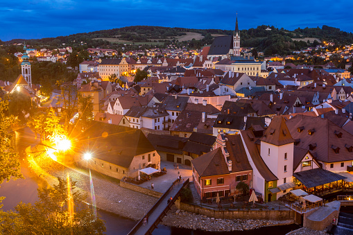 Aerial view of old Town of Cesky Krumlov, Czech Republic sunset