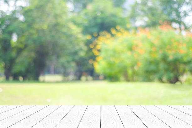 istock Empty white table, perspective wood over blur trees with bokeh background, product display montage background 680106112