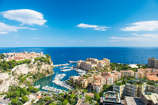 Panoramic view Monaco, Fontvieille, new district of Monaco with marina and harbor. Mediterranean sea, french riviera