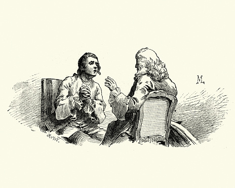 Illustration from the story Manon Lescaut by Abbe Prevost. Set in France and Louisiana in the early 18th century, the story follows the hero, the Chevalier des Grieux, and his lover, Manon Lescaut. Young man pleading for help