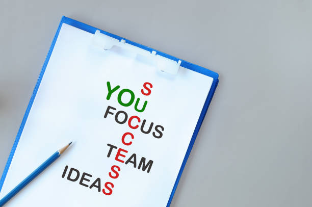 istock Words of success, team, ideas and focus and you on notepad 680114560