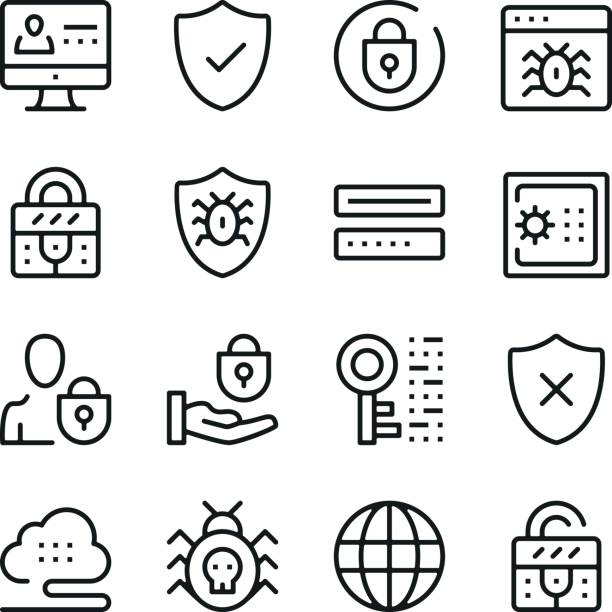 Computer security line icons set. Modern graphic design concepts, simple outline elements collection. Vector line icons Computer security line icons set. Modern graphic design concepts, simple outline elements collection. Vector line icons computer bug stock illustrations