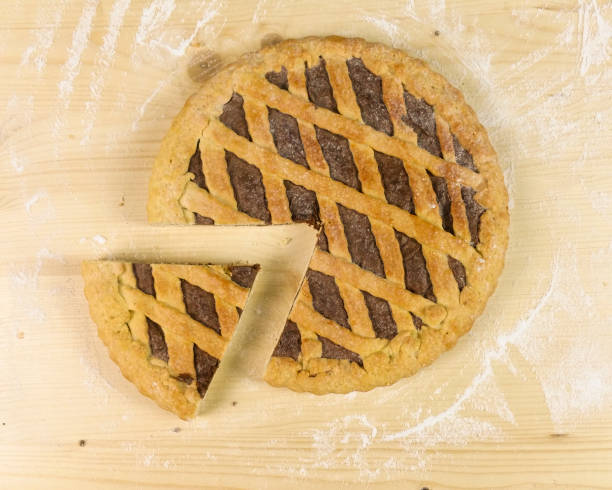 istock Tart with chocolate cream on wooden background - top view 680121736