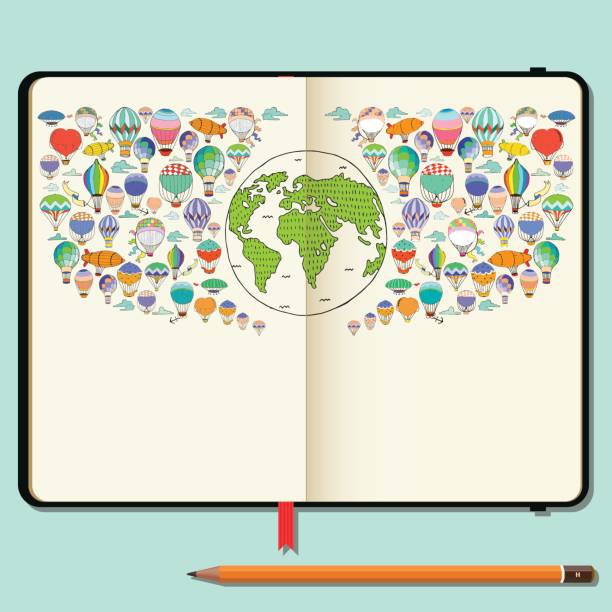 illustrazioni stock, clip art, cartoni animati e icone di tendenza di quaderni vettoriali con doodle a matita e disegnati a mano. concetto di giornata della salute. pianeta terra con mongolfiere. - flying vacations doodle globe