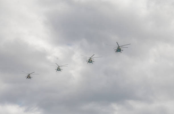 istock Combat formation of the helicopters 680125664