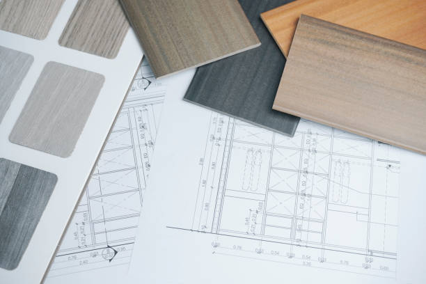 istock color and material samples on architectural drawings of the modern house 680135222