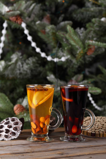 red and yellow mulled wine stock photo