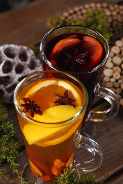 red and yellow mulled wine stock photo