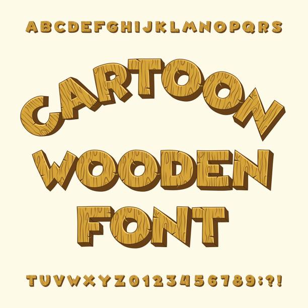 ilustraciones, imágenes clip art, dibujos animados e iconos de stock de fuente de madera del alfabeto de dibujos animados. tipo de letras, números, símbolos. - letter y alphabet wood typescript
