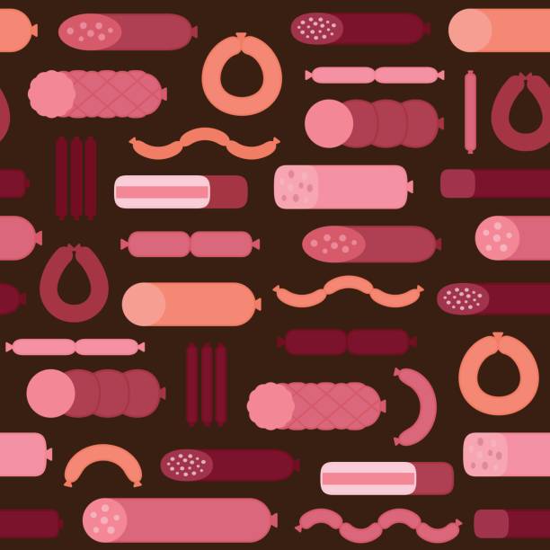 illustrazioni stock, clip art, cartoni animati e icone di tendenza di motivo senza cuciture in salsiccia. varie salsicce e prodotti a base di carne. background da macelleria. stile piatto. illustrazione vettoriale. - sausage white background dried sausage isolated on white