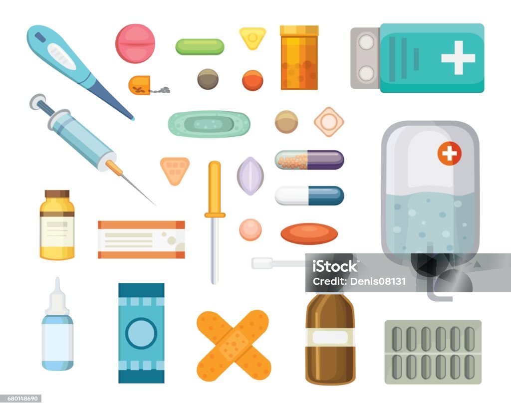 Vetores de Medicamentos De Desenhos Animados Diferentes Médicos Comprimidos  E Garrafas Saúde E Compras Farmácia Farmácia Ilustração Em Vetor Em Estilo  Simples e mais imagens de Analgésico - iStock