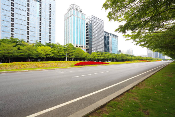 istock Empty road surface floor freeway with modern city buildings backgrounds 680151260