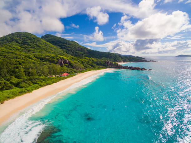 istock Aerial: coastline of La Digue Island, Seychelles 680151284