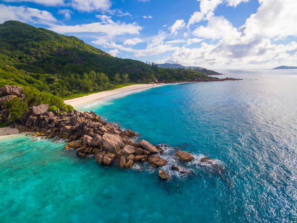 istock Aerial: coastline of La Digue Island, Seychelles 680158634